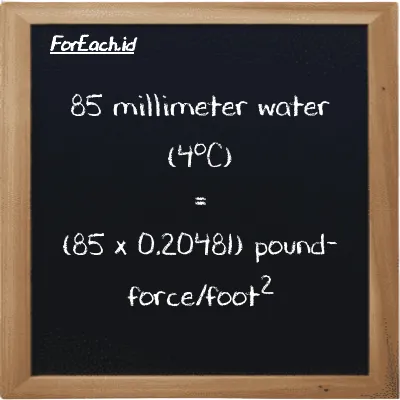 How to convert millimeter water (4<sup>o</sup>C) to pound-force/foot<sup>2</sup>: 85 millimeter water (4<sup>o</sup>C) (mmH2O) is equivalent to 85 times 0.20481 pound-force/foot<sup>2</sup> (lbf/ft<sup>2</sup>)
